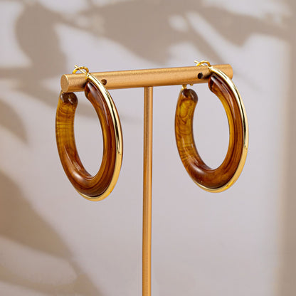 C Shape Hoop Earrings For Unisex Featuring Ombre Color And Zinc Alloy Material With Resin Studs In Retro Style