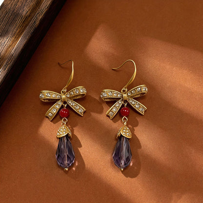 Retro Unisex Bow Tie Drop Earrings With Copper Ear Pins And Tassel Craft, Zinc Alloy Base With Rhinestone Inlay