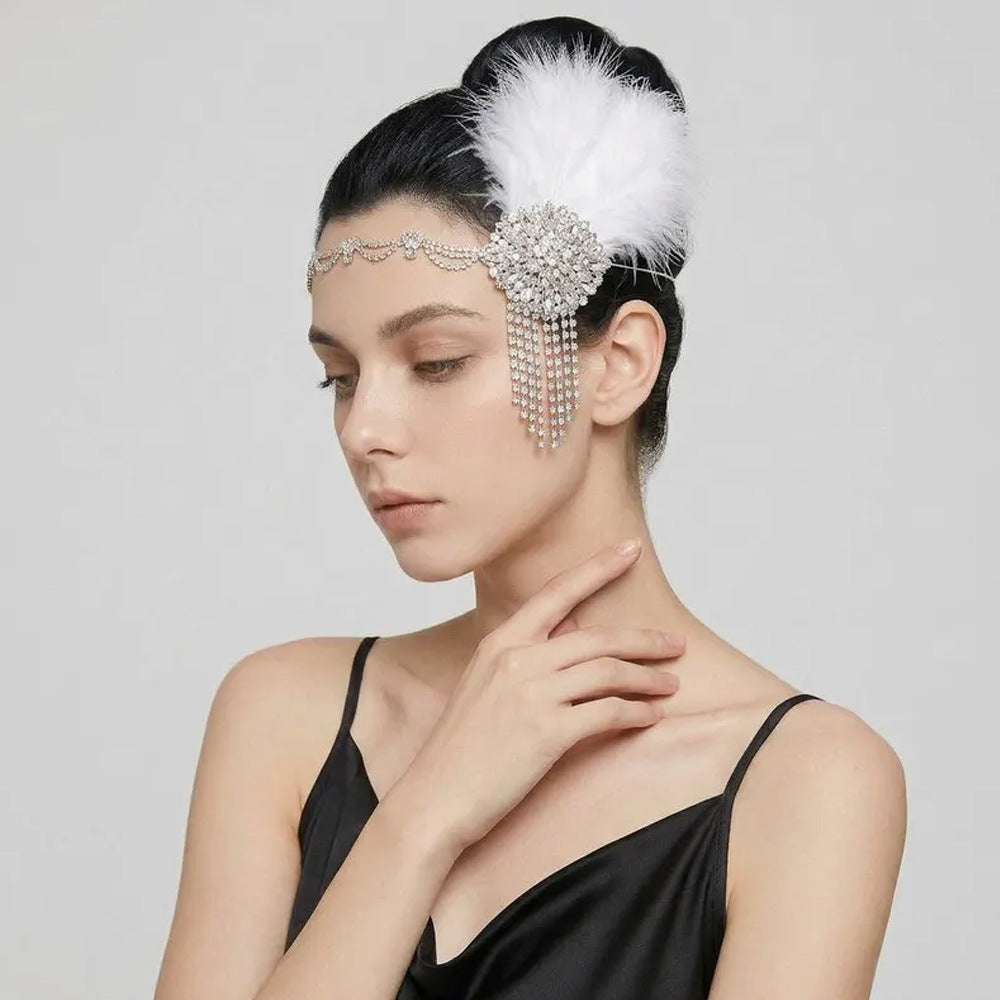Retro Feather Hair Band With Rhinestone Inlay In Silver, Insert Comb Style Hair Accessory