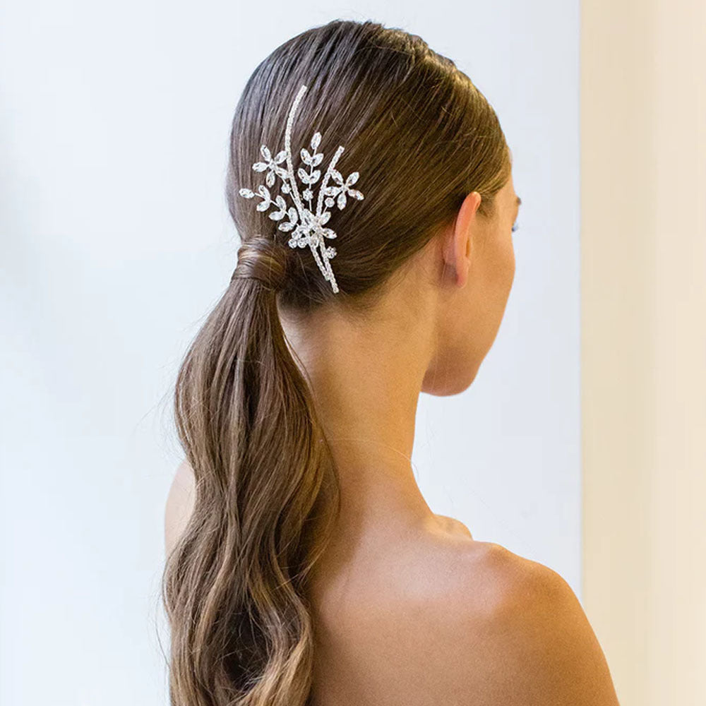 Silver Alloy Flowers Hair Comb For Women With Rhinestones, Perfect For Wedding Season