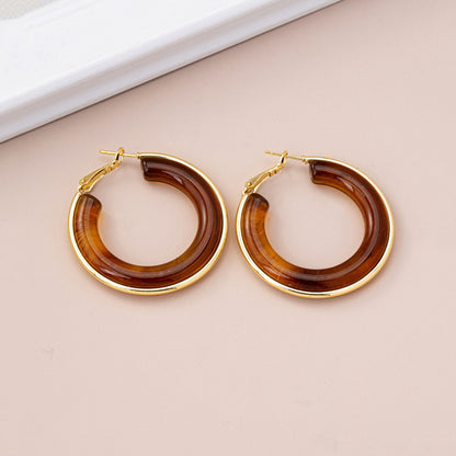 C Shape Hoop Earrings For Unisex Featuring Ombre Color And Zinc Alloy Material With Resin Studs In Retro Style