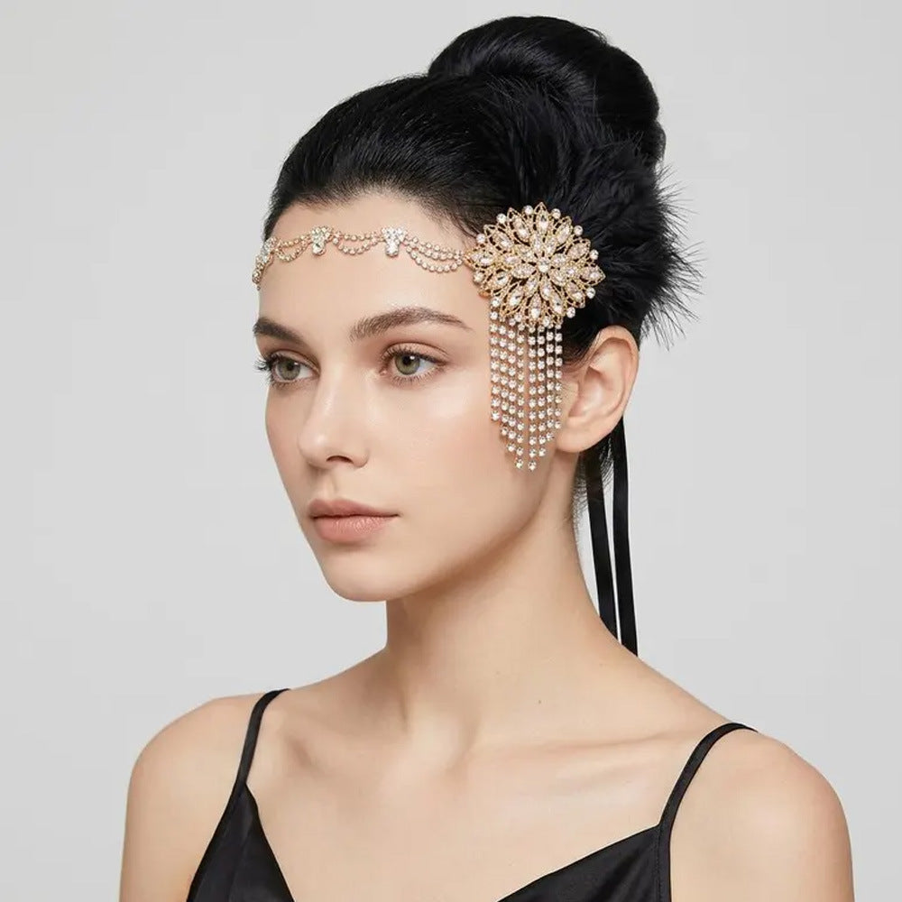 Retro Feather Hair Band With Rhinestone Inlay In Silver, Insert Comb Style Hair Accessory