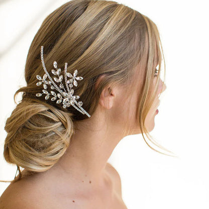 Silver Alloy Flowers Hair Comb For Women With Rhinestones, Perfect For Wedding Season