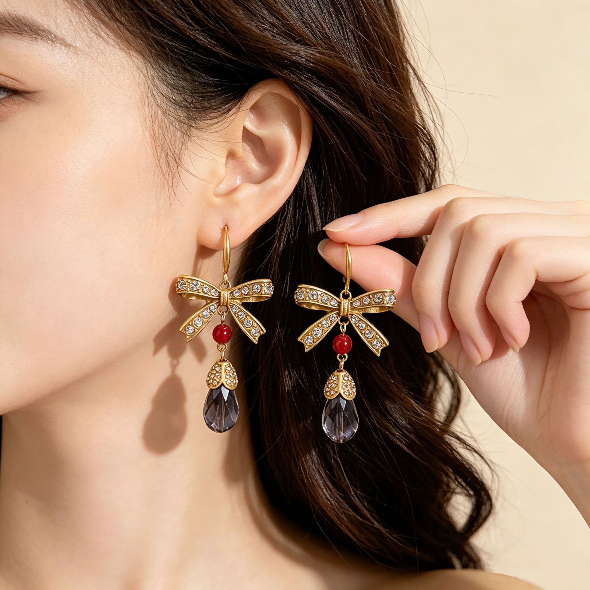 Retro Unisex Bow Tie Drop Earrings With Copper Ear Pins And Tassel Craft, Zinc Alloy Base With Rhinestone Inlay