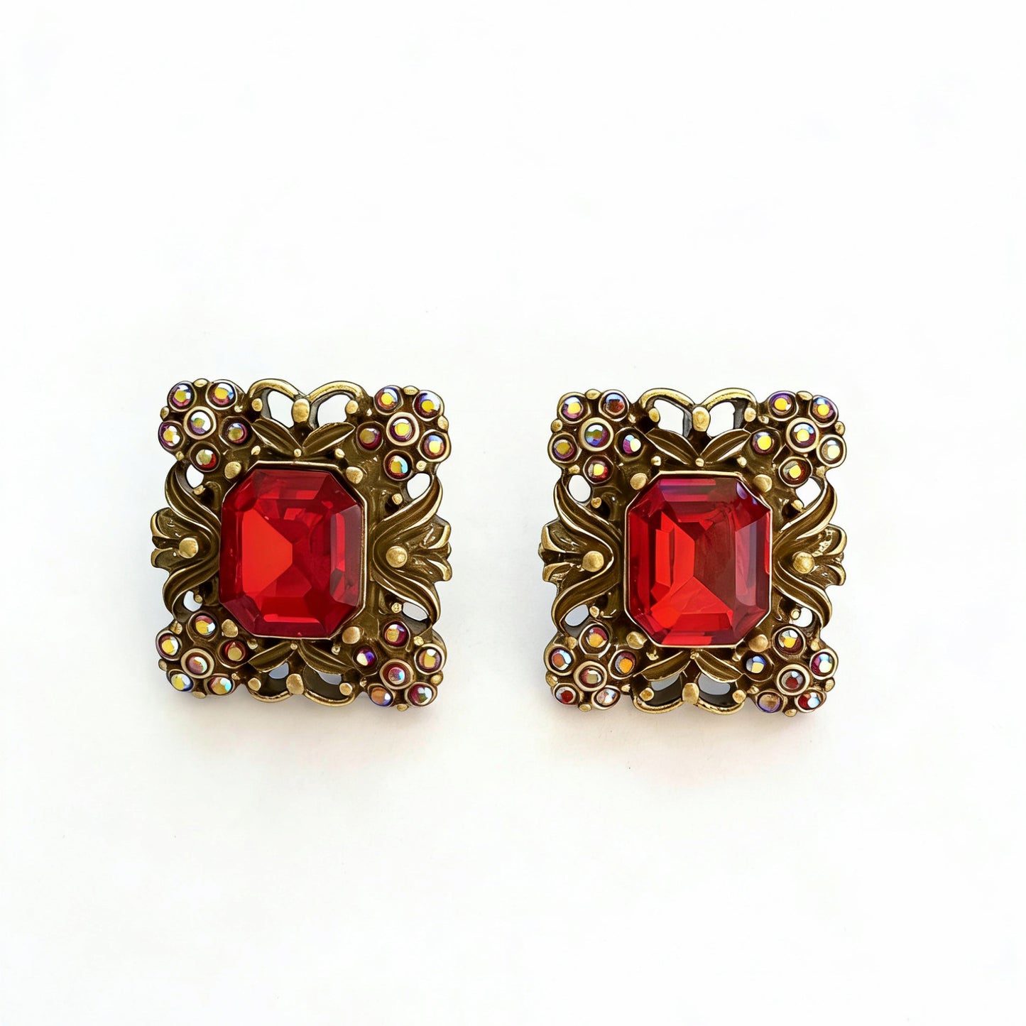 Square Stud Earrings For Unisex In Red Alloy With Rhinestones Featuring 925 Sterling Silver Ear Pins