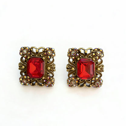 Square Stud Earrings For Unisex In Red Alloy With Rhinestones Featuring 925 Sterling Silver Ear Pins