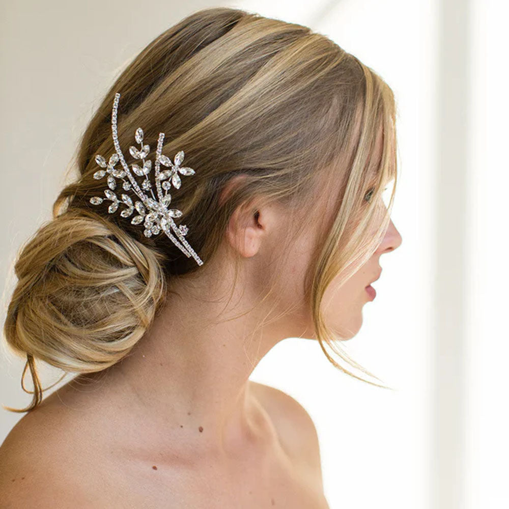 Silver Alloy Flowers Hair Comb For Women With Rhinestones, Perfect For Wedding Season