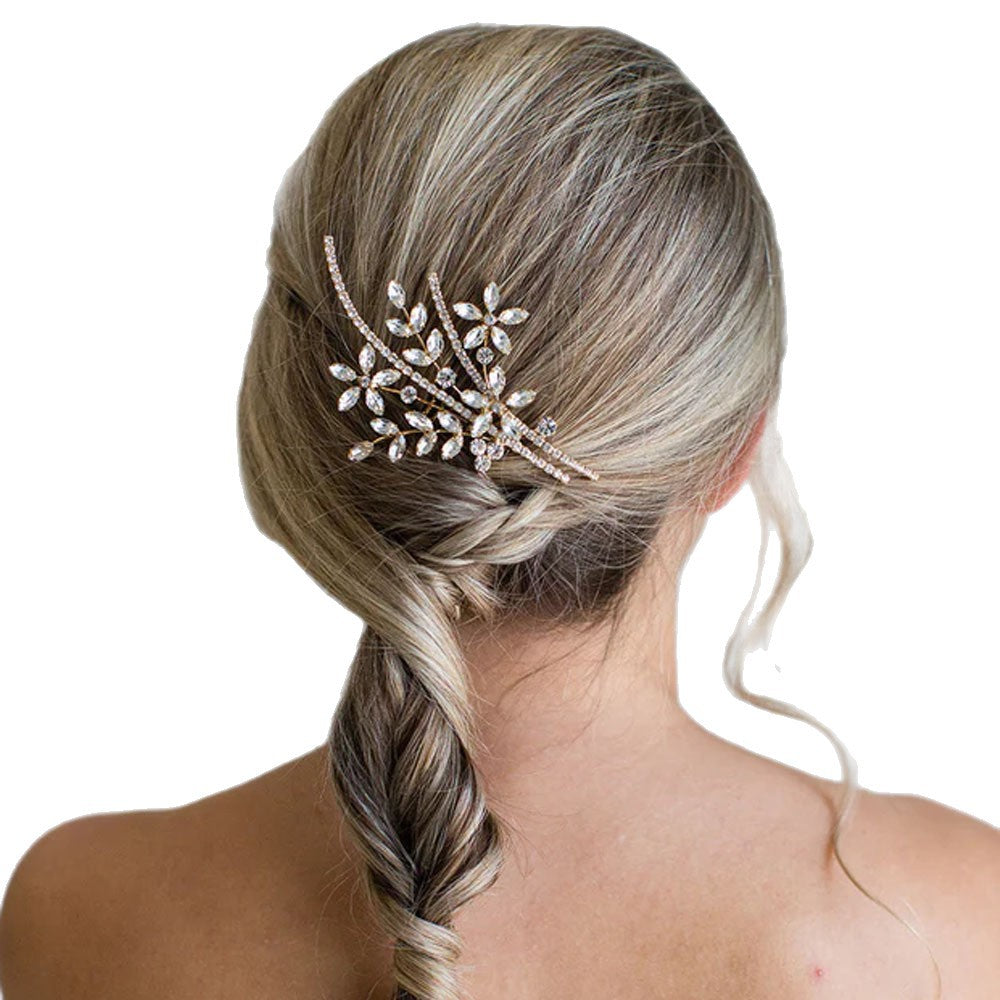 Silver Alloy Flowers Hair Comb For Women With Rhinestones, Perfect For Wedding Season