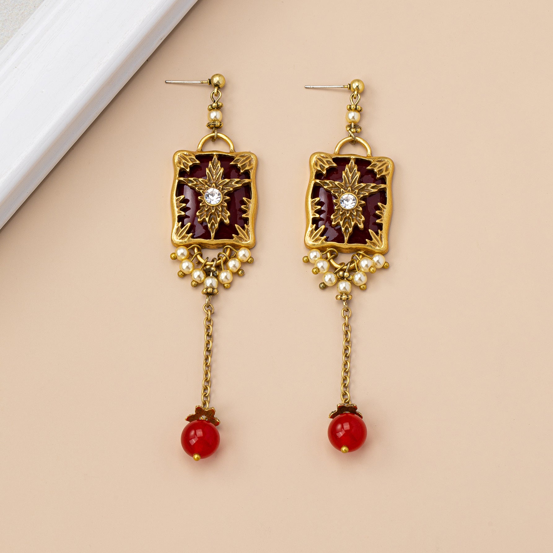 Red Flowers Earrings For Women Featuring Zinc Alloy And Rhinestones With 925 Sterling Silver Studs