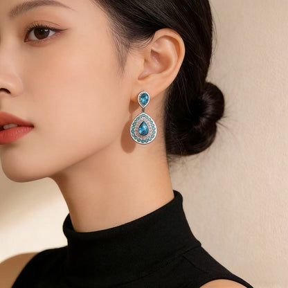 Elaborate Water Droplets Stud Earrings For Unisex Featuring Blue Alloy Design With 925 Sterling Silver Ear Pins