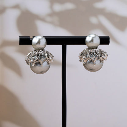 Grey Leaf Tassel Stud Earrings In Zinc Alloy With Zircon Inlay, Stylish Clip Earrings