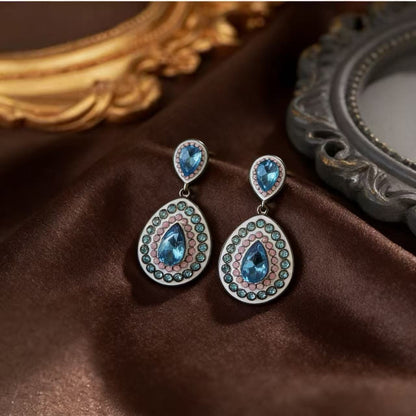 Elaborate Water Droplets Stud Earrings For Unisex Featuring Blue Alloy Design With 925 Sterling Silver Ear Pins