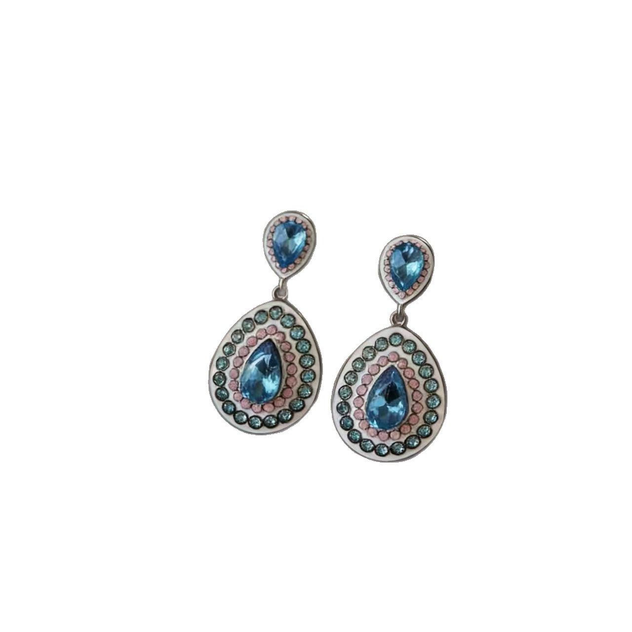 Elaborate Water Droplets Stud Earrings For Unisex Featuring Blue Alloy Design With 925 Sterling Silver Ear Pins