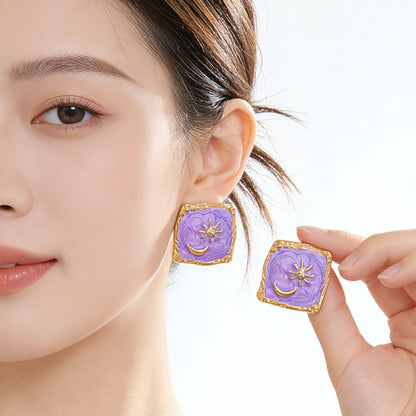 Retro Star Stud Earrings For Women In Lavender Alloy With 925 Sterling Silver Ear Pins