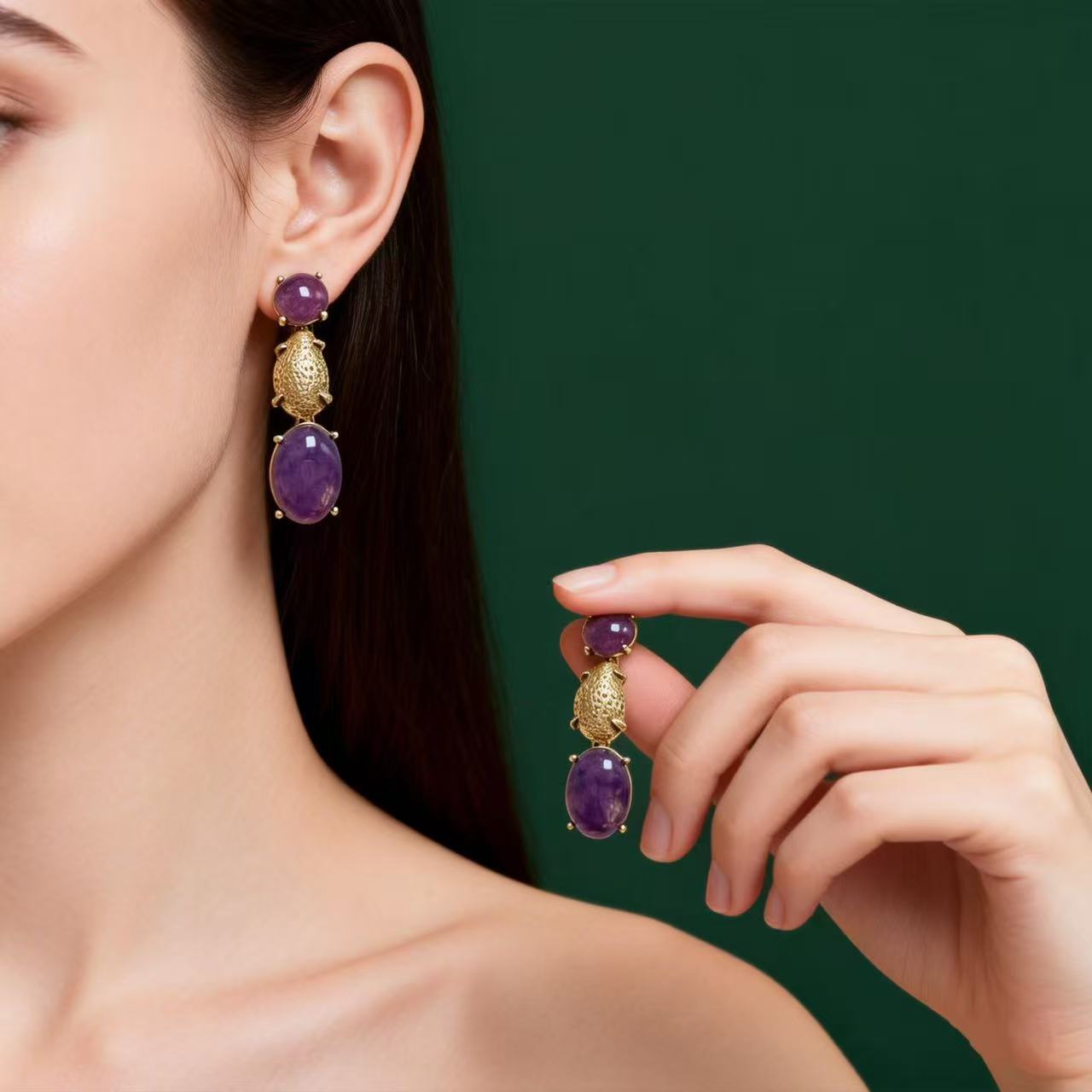 Oval Purple Zinc Alloy Earrings For Unisex Featuring February Birthstone Amethyst With 925 Sterling Silver Stud Posts