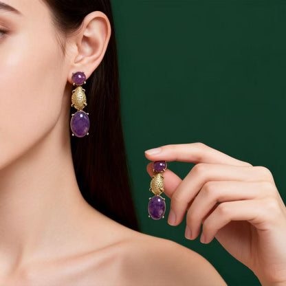 Oval Purple Zinc Alloy Earrings For Unisex Featuring February Birthstone Amethyst With 925 Sterling Silver Stud Posts