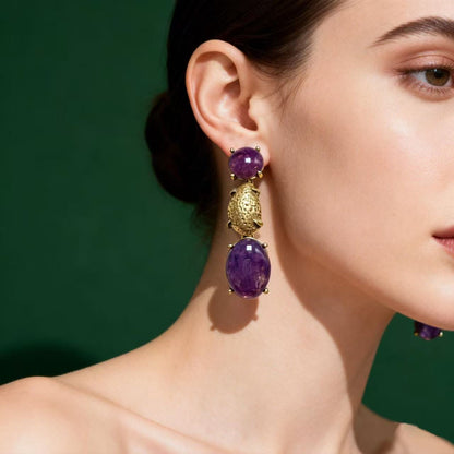 Oval Purple Zinc Alloy Earrings For Unisex Featuring February Birthstone Amethyst With 925 Sterling Silver Stud Posts