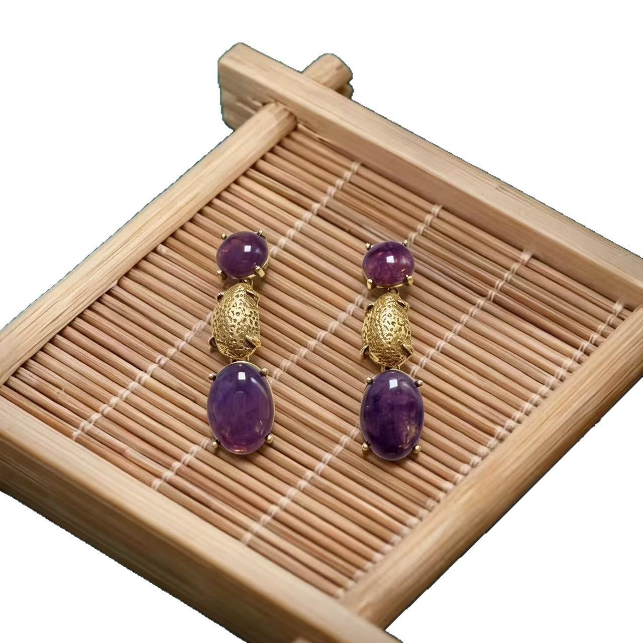 Oval Purple Zinc Alloy Earrings For Unisex Featuring February Birthstone Amethyst With 925 Sterling Silver Stud Posts