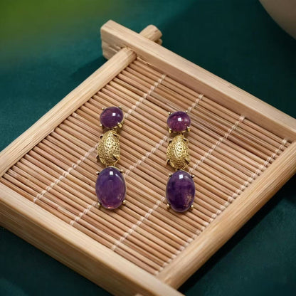 Oval Purple Zinc Alloy Earrings For Unisex Featuring February Birthstone Amethyst With 925 Sterling Silver Stud Posts