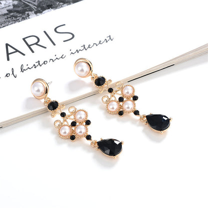 Baroque Style Water Droplets Earrings In Dyed Black Alloy For Women, Featuring Durable Alloy Studs