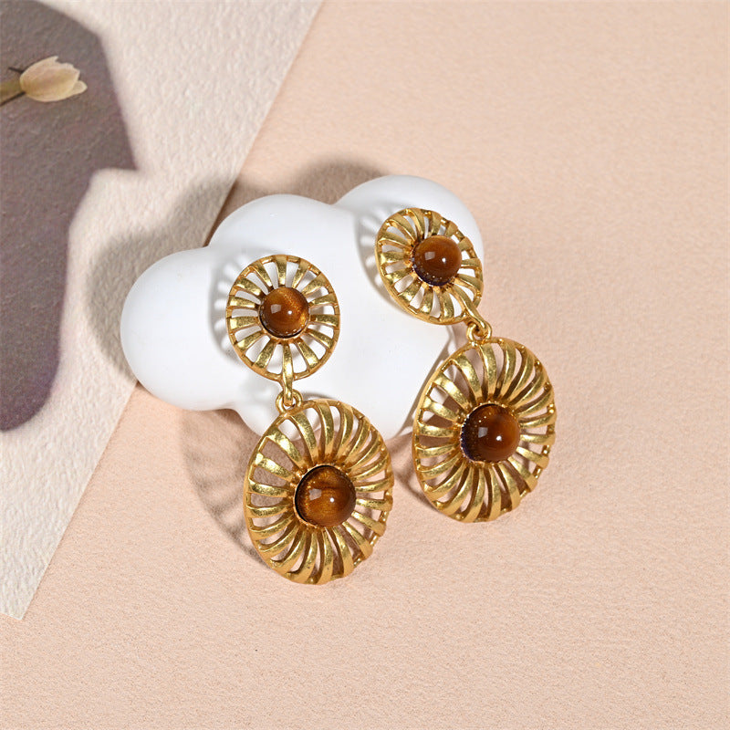 Round Drop Earrings For Unisex Featuring Tiger Eye Inlay, Electroplated Zinc Alloy With 925 Sterling Silver Ear Pins