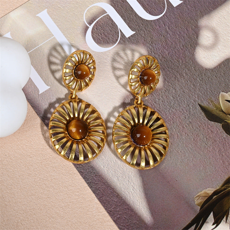 Round Drop Earrings For Unisex Featuring Tiger Eye Inlay, Electroplated Zinc Alloy With 925 Sterling Silver Ear Pins