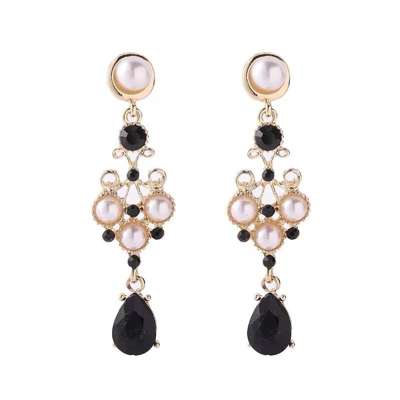 Baroque Style Water Droplets Earrings In Dyed Black Alloy For Women, Featuring Durable Alloy Studs
