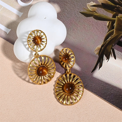 Round Drop Earrings For Unisex Featuring Tiger Eye Inlay, Electroplated Zinc Alloy With 925 Sterling Silver Ear Pins