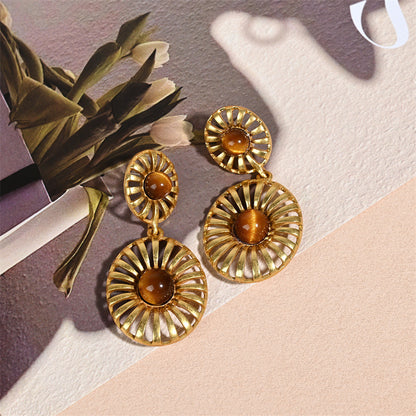 Round Drop Earrings For Unisex Featuring Tiger Eye Inlay, Electroplated Zinc Alloy With 925 Sterling Silver Ear Pins
