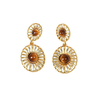 Round Drop Earrings For Unisex Featuring Tiger Eye Inlay, Electroplated Zinc Alloy With 925 Sterling Silver Ear Pins