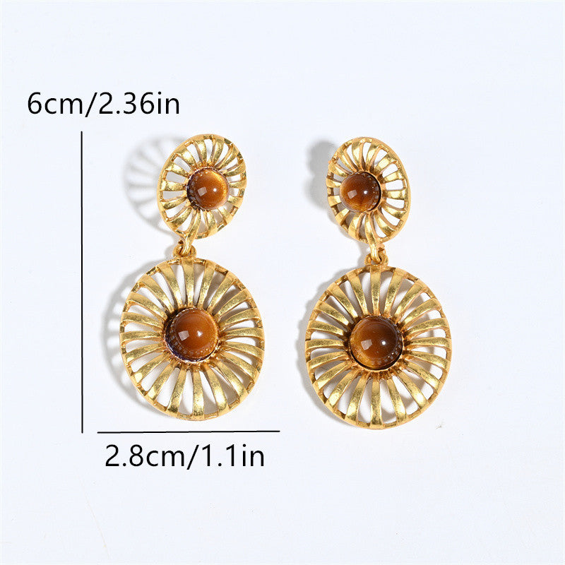 Round Drop Earrings For Unisex Featuring Tiger Eye Inlay, Electroplated Zinc Alloy With 925 Sterling Silver Ear Pins