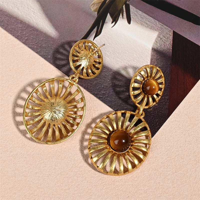 Round Drop Earrings For Unisex Featuring Tiger Eye Inlay, Electroplated Zinc Alloy With 925 Sterling Silver Ear Pins