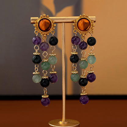 Retro Silver Color Block Earrings With Tassel, Electroplated Zinc Alloy Clip Earrings