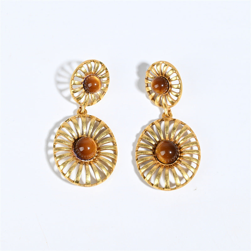 Round Drop Earrings For Unisex Featuring Tiger Eye Inlay, Electroplated Zinc Alloy With 925 Sterling Silver Ear Pins