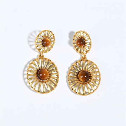 Round Drop Earrings For Unisex Featuring Tiger Eye Inlay, Electroplated Zinc Alloy With 925 Sterling Silver Ear Pins