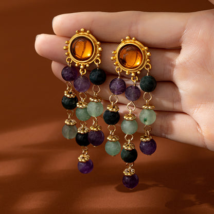 Retro Silver Color Block Earrings With Tassel, Electroplated Zinc Alloy Clip Earrings