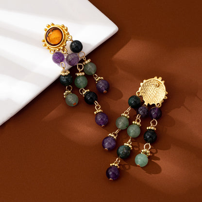 Retro Silver Color Block Earrings With Tassel, Electroplated Zinc Alloy Clip Earrings