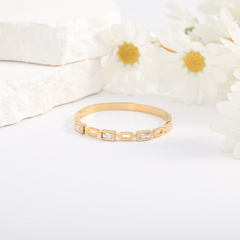 Titanium Steel Circle Inlay Bangle In Gold