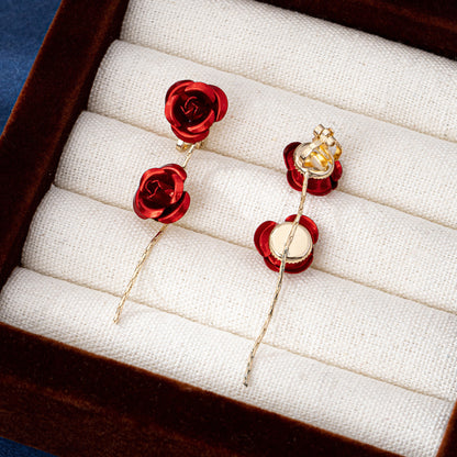Retro Three-dimensional Rose Stud Earrings In Red, Crafted From Durable Zinc Alloy