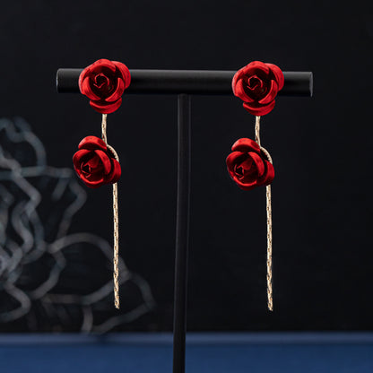 Retro Three-dimensional Rose Stud Earrings In Red, Crafted From Durable Zinc Alloy