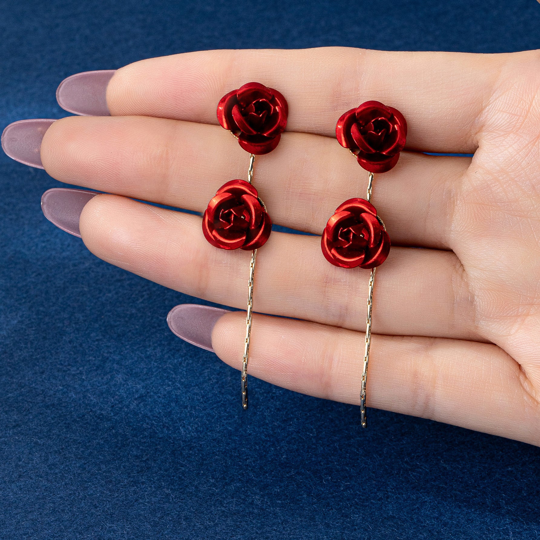 Retro Three-dimensional Rose Stud Earrings In Red, Crafted From Durable Zinc Alloy