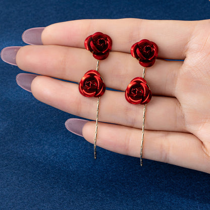 Retro Three-dimensional Rose Stud Earrings In Red, Crafted From Durable Zinc Alloy