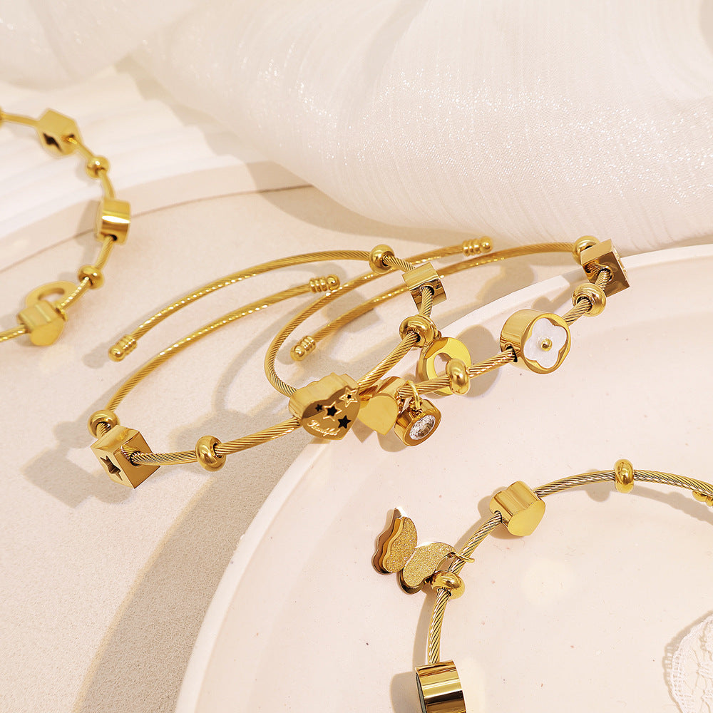 Braid Pattern Letter Bangle In Gold Titanium Steel With Spring Ring Trigger Clasp Closure