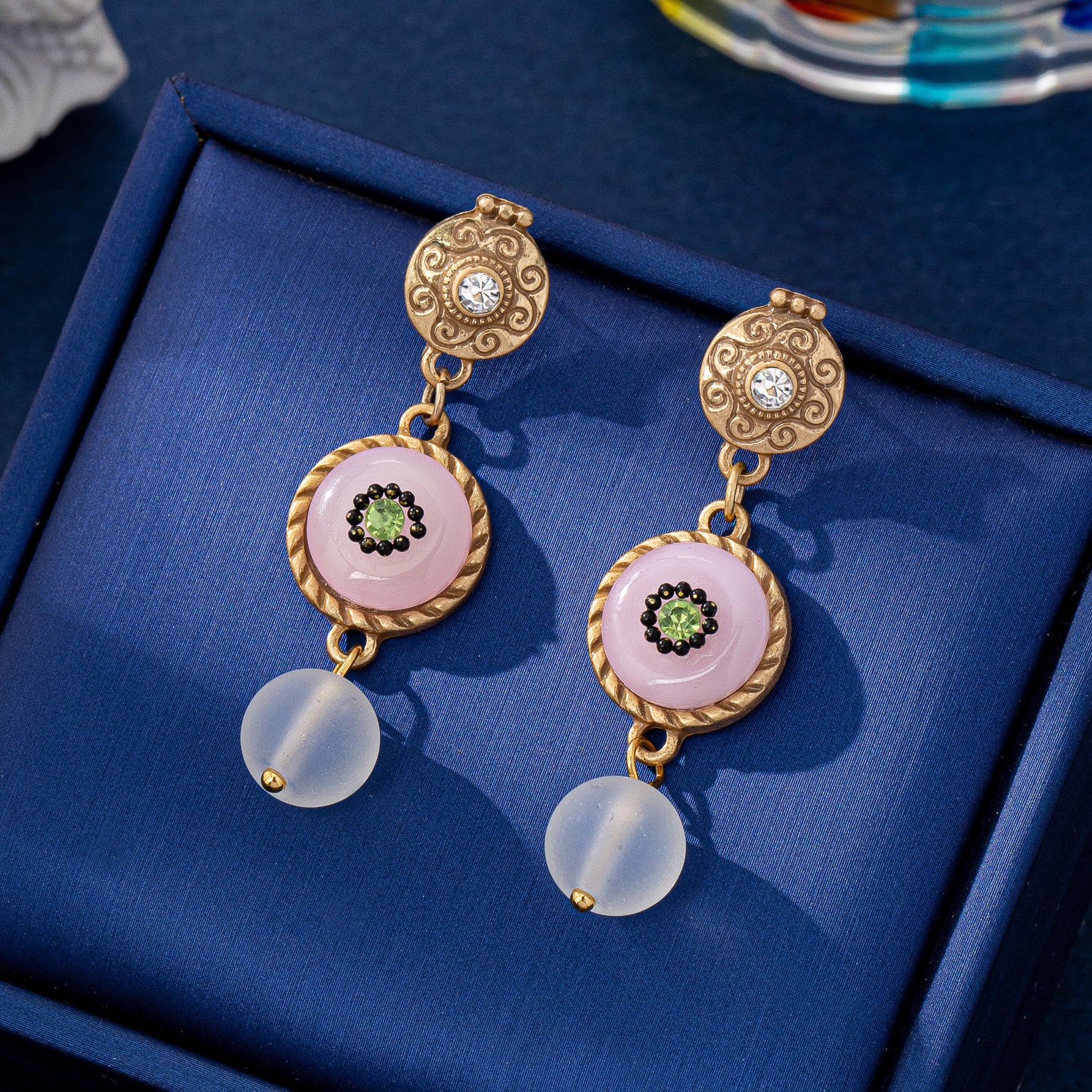 Round Natural Pink Glass Stud Earrings For Women Featuring Electroplated Finish And 925 Sterling Silver Posts