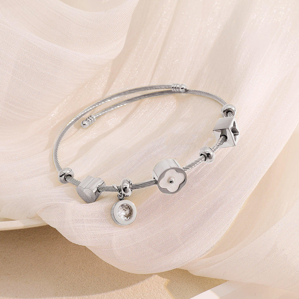 Braid Pattern Letter Bangle In Gold Titanium Steel With Spring Ring Trigger Clasp Closure