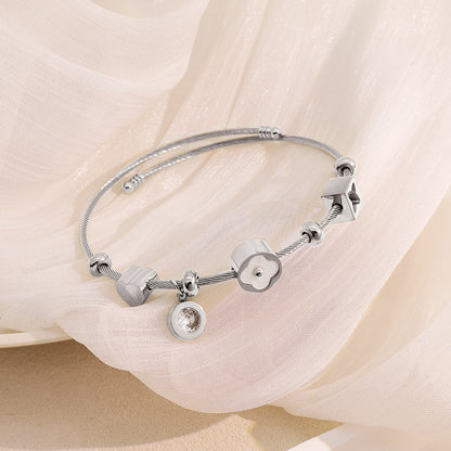 Braid Pattern Letter Bangle In Gold Titanium Steel With Spring Ring Trigger Clasp Closure