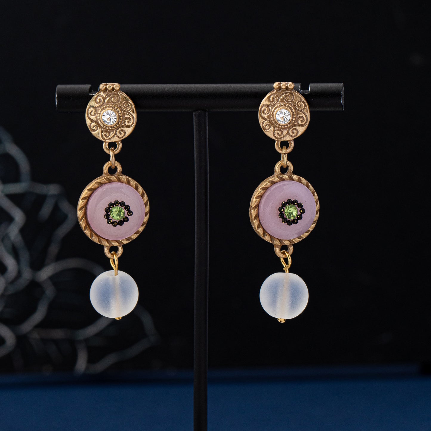 Round Natural Pink Glass Stud Earrings For Women Featuring Electroplated Finish And 925 Sterling Silver Posts