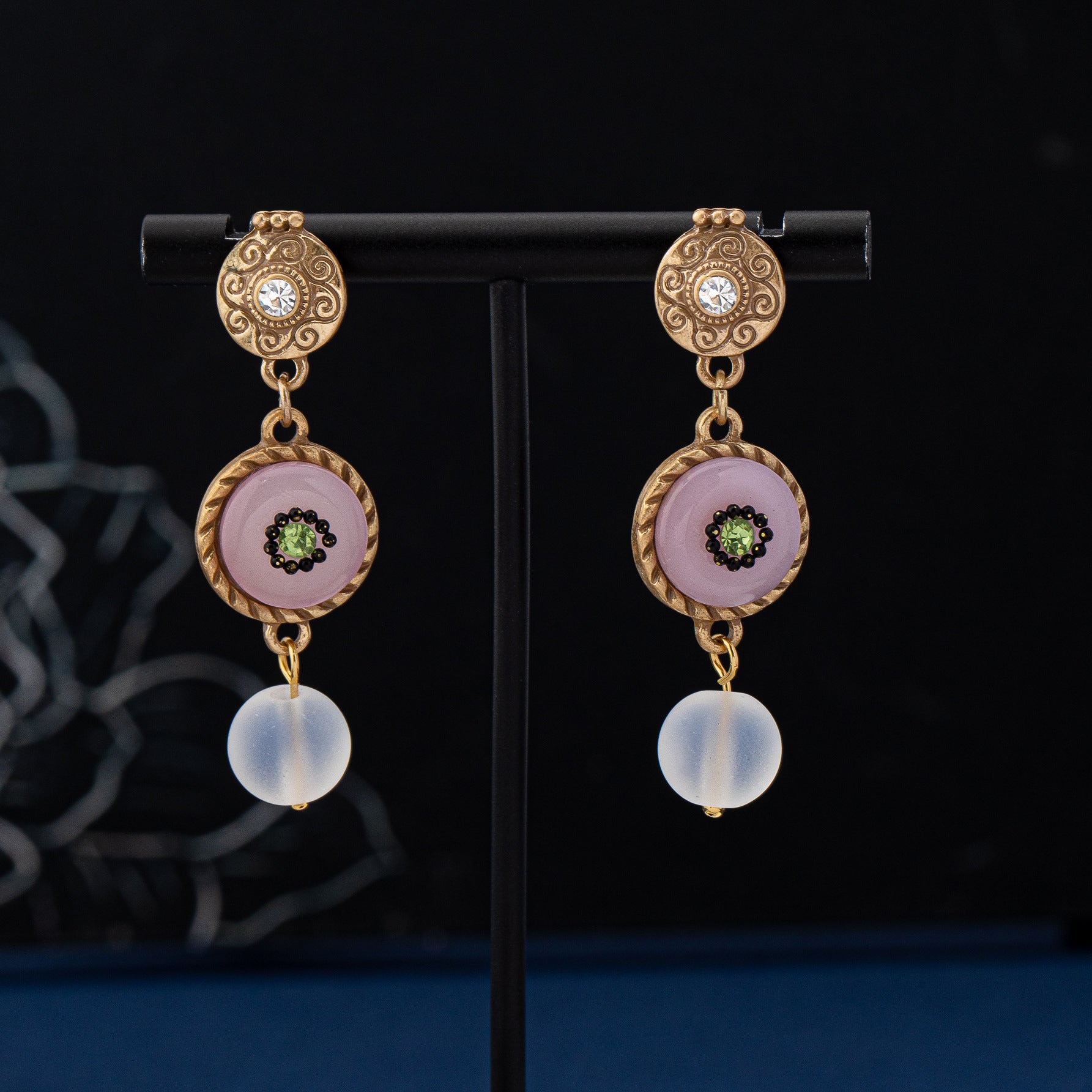 Round Natural Pink Glass Stud Earrings For Women Featuring Electroplated Finish And 925 Sterling Silver Posts