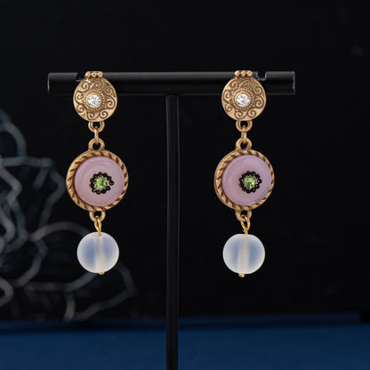 Round Natural Pink Glass Stud Earrings For Women Featuring Electroplated Finish And 925 Sterling Silver Posts