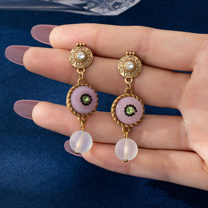 Round Natural Pink Glass Stud Earrings For Women Featuring Electroplated Finish And 925 Sterling Silver Posts